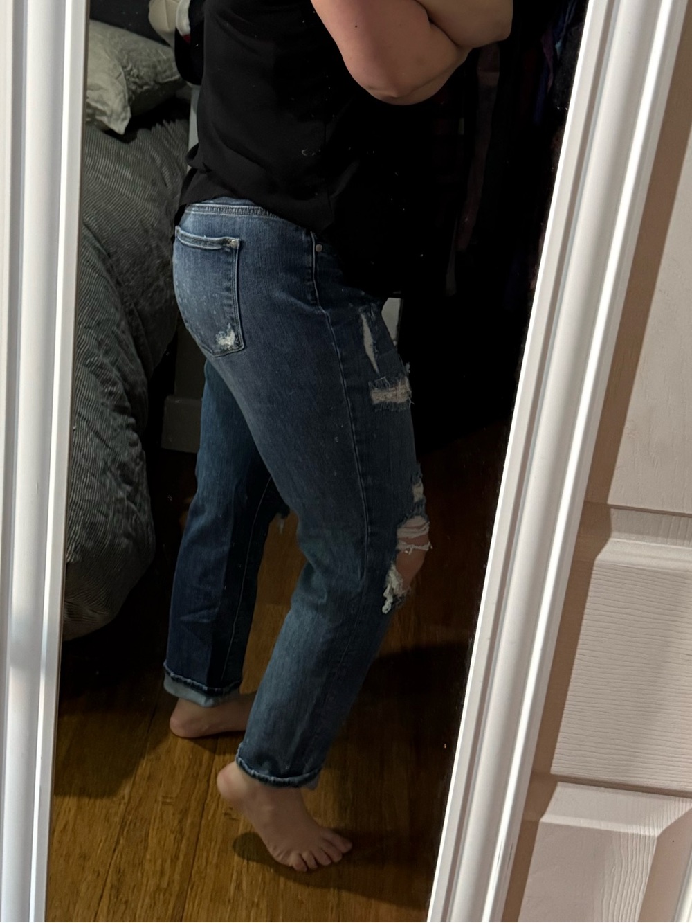 Judy Blue Distressed Dark Blue Boyfriend Jeans - Picture 2 of 7